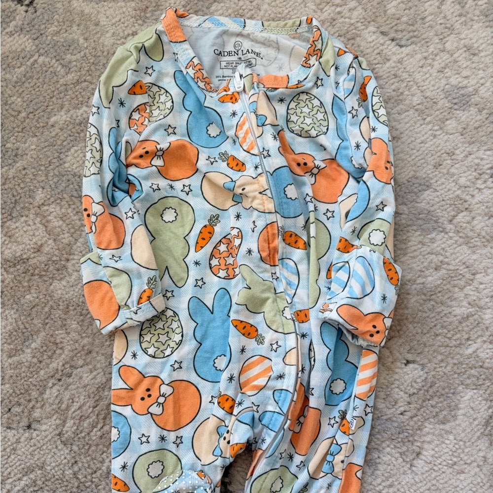 Caden Lane Blue, Orange & Green Bunny Print Footie